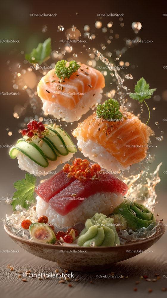 Fresh Salmon Sushi Roll with Avocado and Cherry Tomatoes Stock Photo Bundle preview 14
