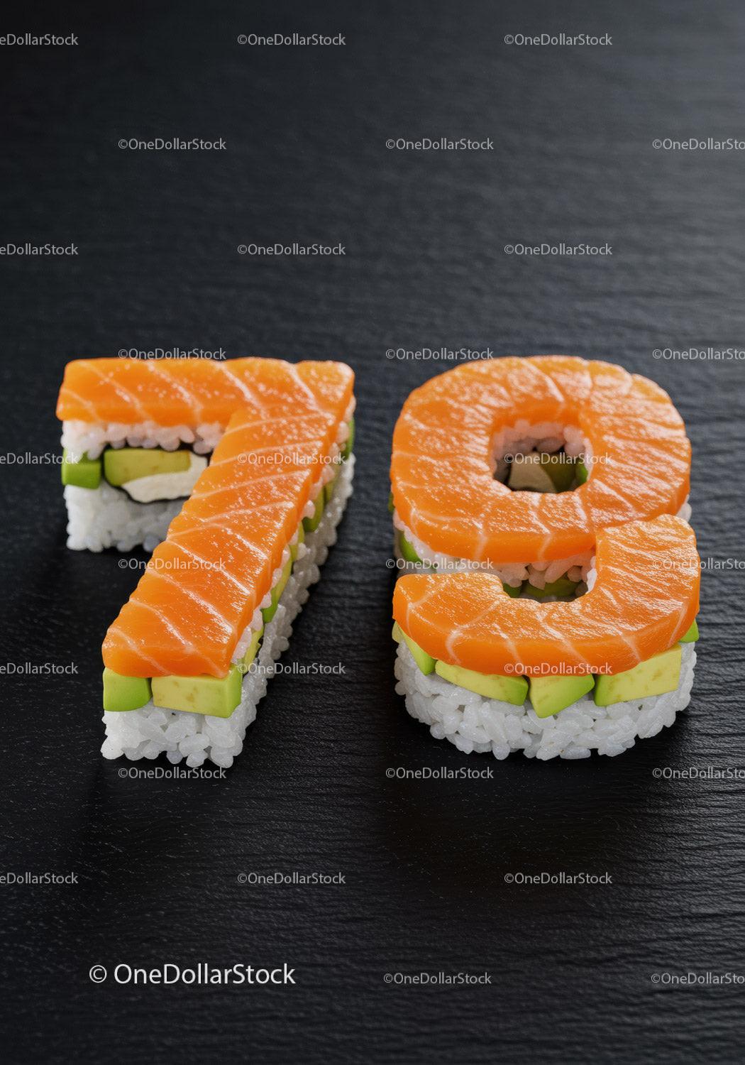 Creative sushi shaped as number seventy eight