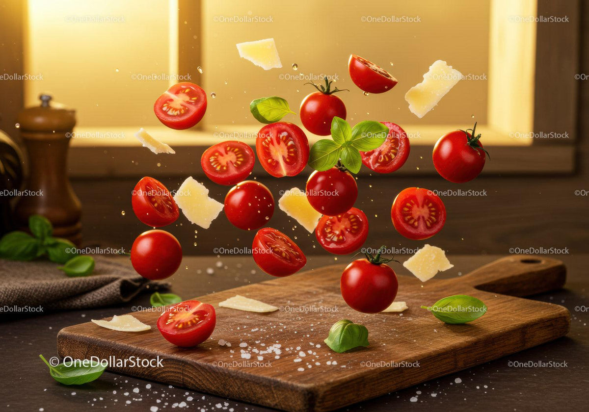 Fresh cherry tomatoes with basil and parmesan flakes