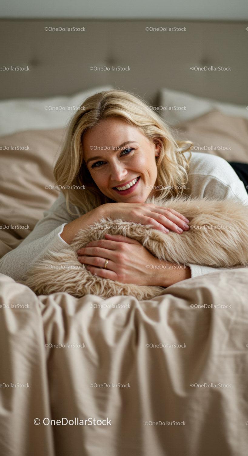 Smiling woman relaxing on cozy bed with fluffy pillow