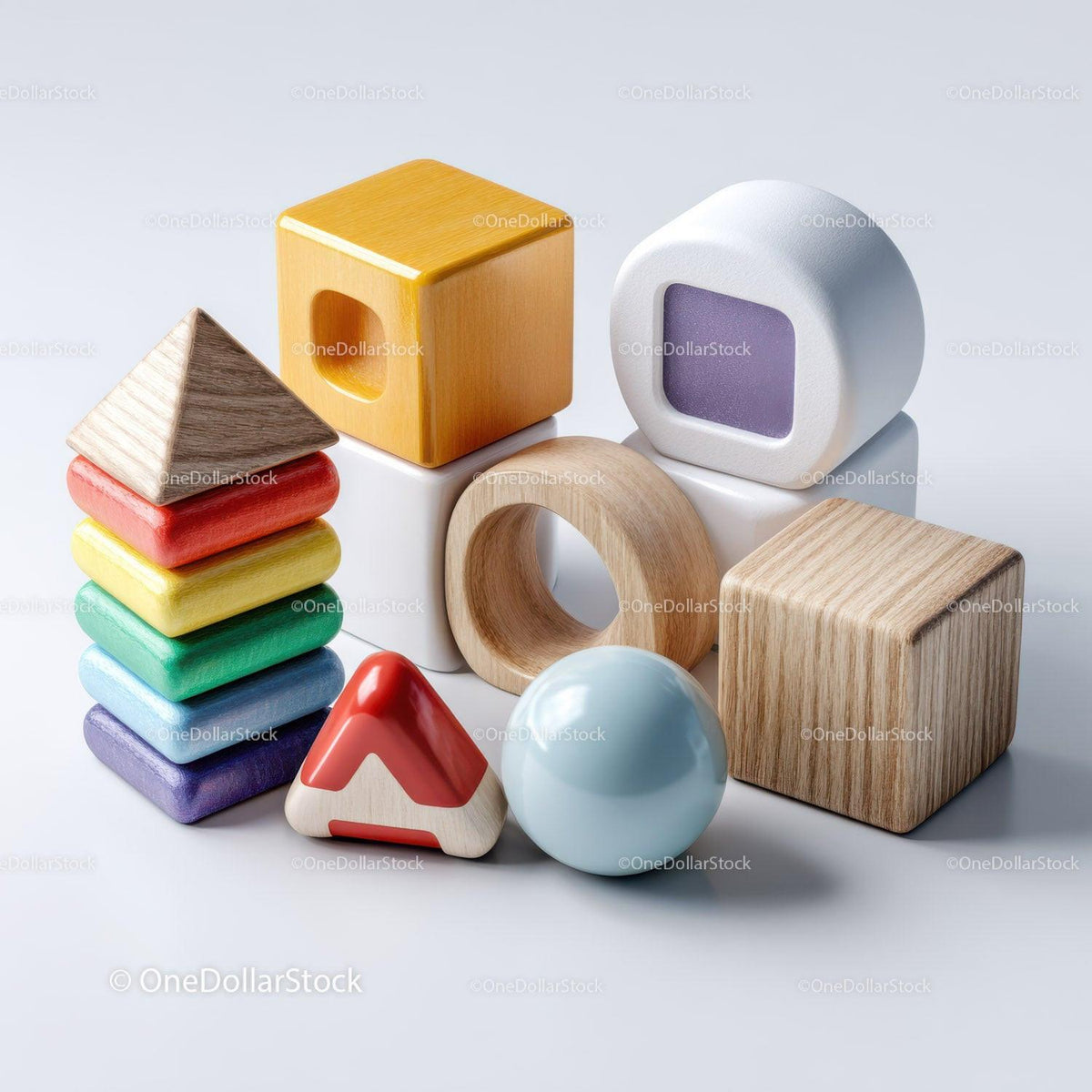 Colorful wooden geometric shape toys including a rainbow pyramid, cubes, a ring, and a ball on white background