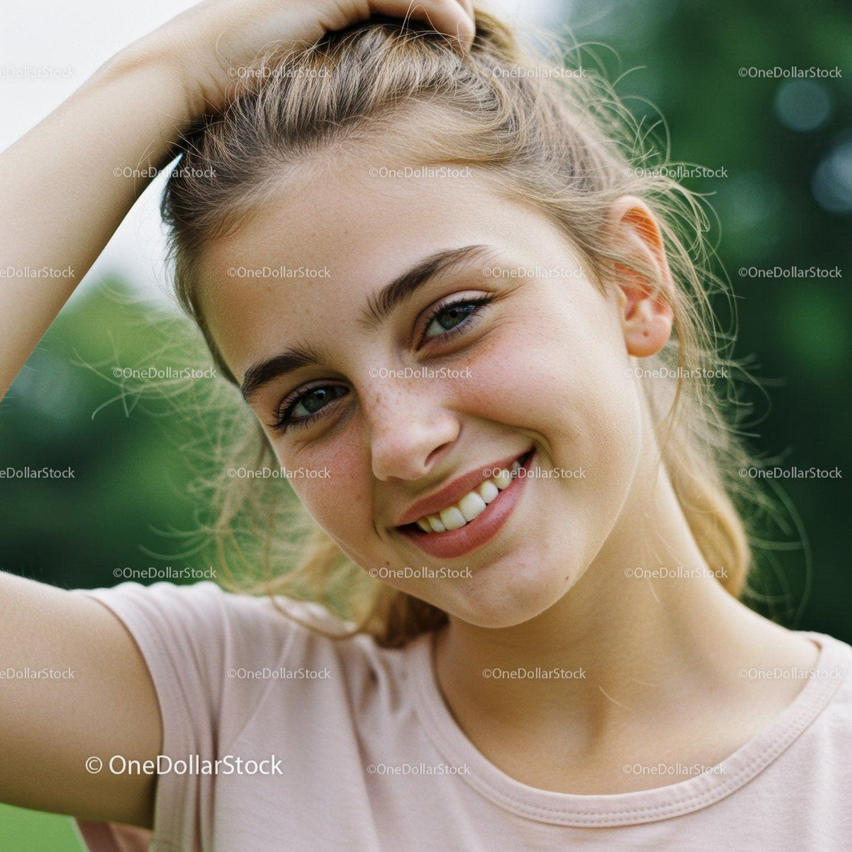 Young Woman Smiling Outdoors with Green Nature Background