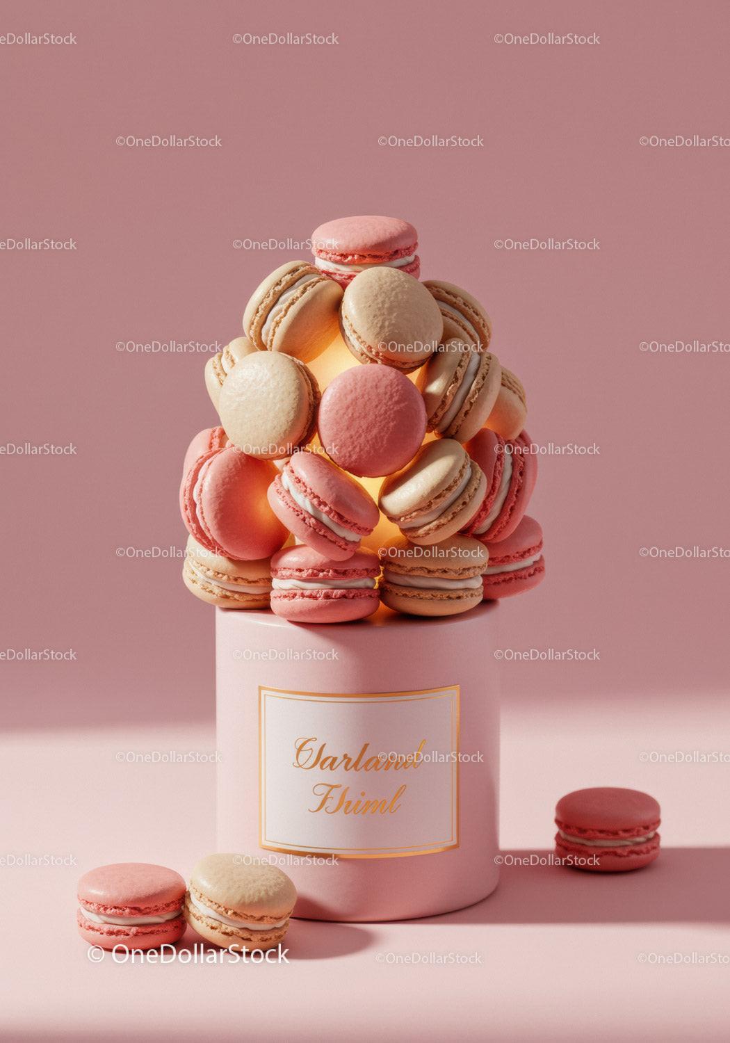Colorful macarons stacked in pastel pink container