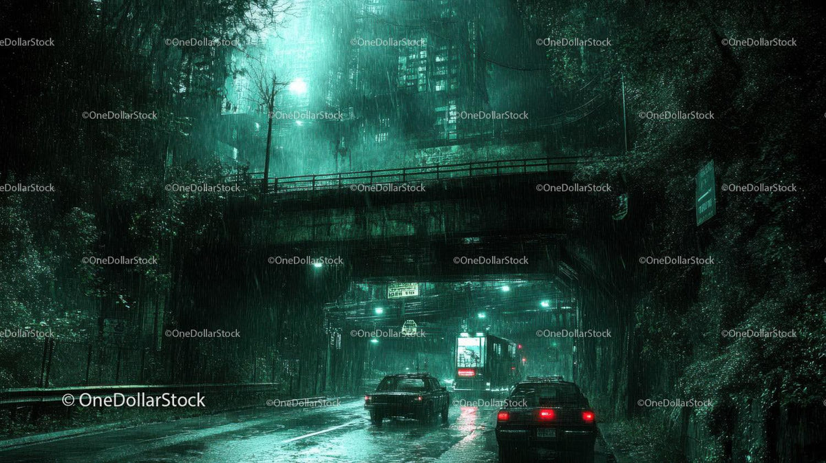 Nighttime street with cars under bridge in rainy city scene