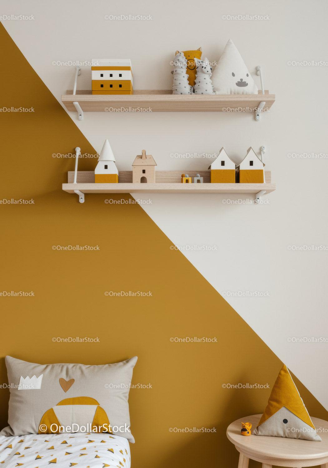 Cozy Children's Bedroom with Wooden Shelves and Animal Decor