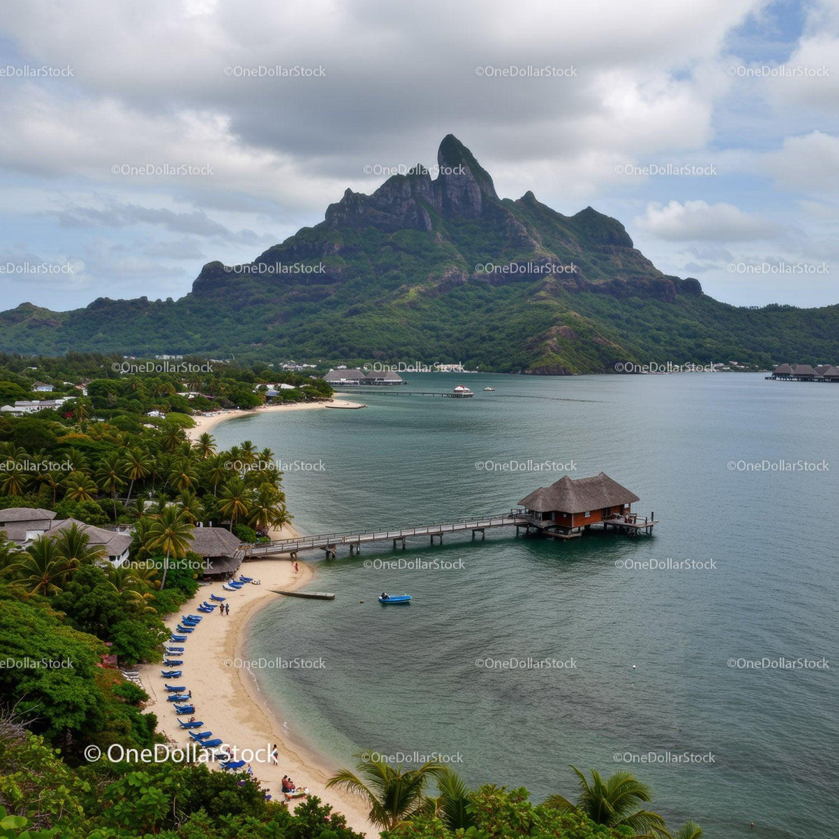 Tropical Mountain Island with Lush Greenery and Overwater Bungalows