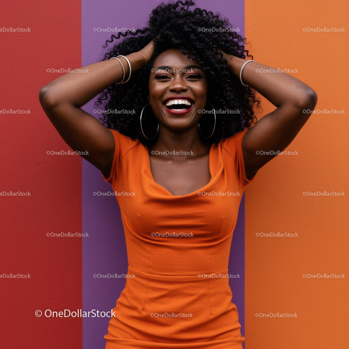 Vibrant Portrait of a Smiling Woman in Orange Dress with Colorful Background
