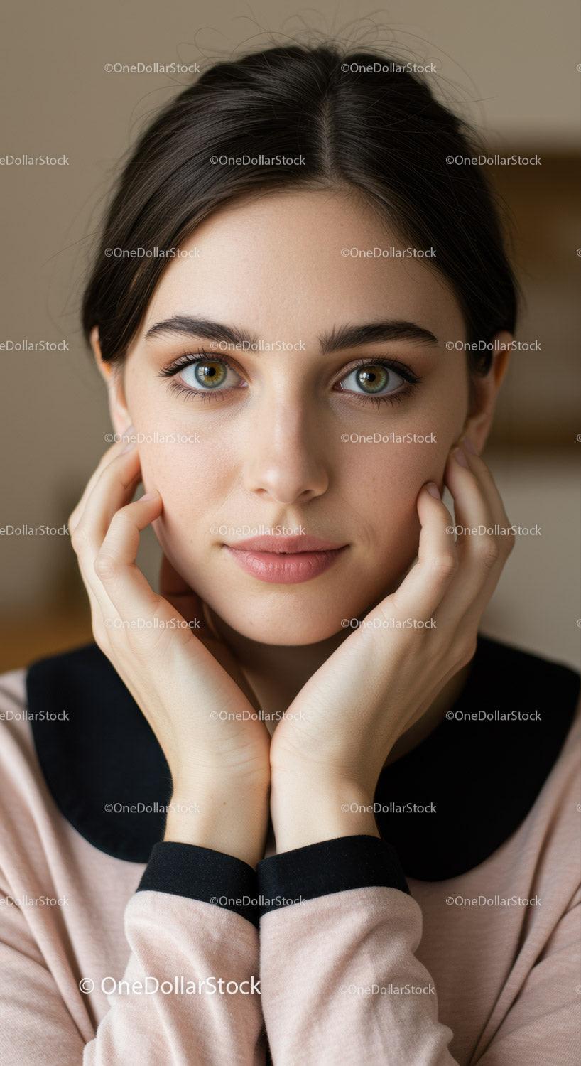 Young Woman Portrait with Green Eyes and Flawless Skin