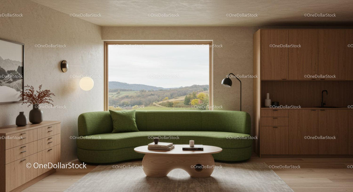 Modern living room with green sofa and scenic window view
