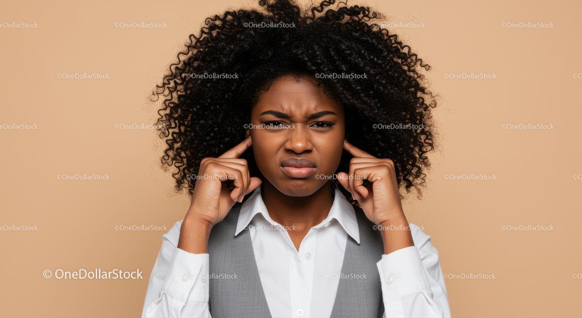 Frustrated Woman Covers Ears Against Noise in Business Attire Stock Photo Bundle preview 39