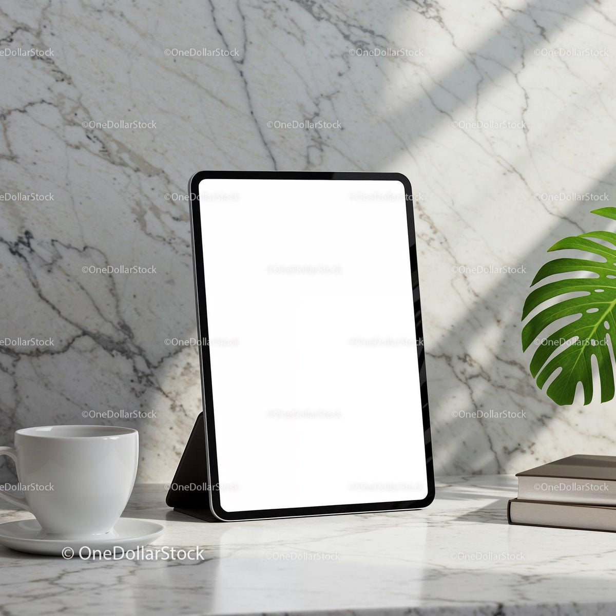 Modern tablet on marble desk with coffee and books JPG Mockup Image preview