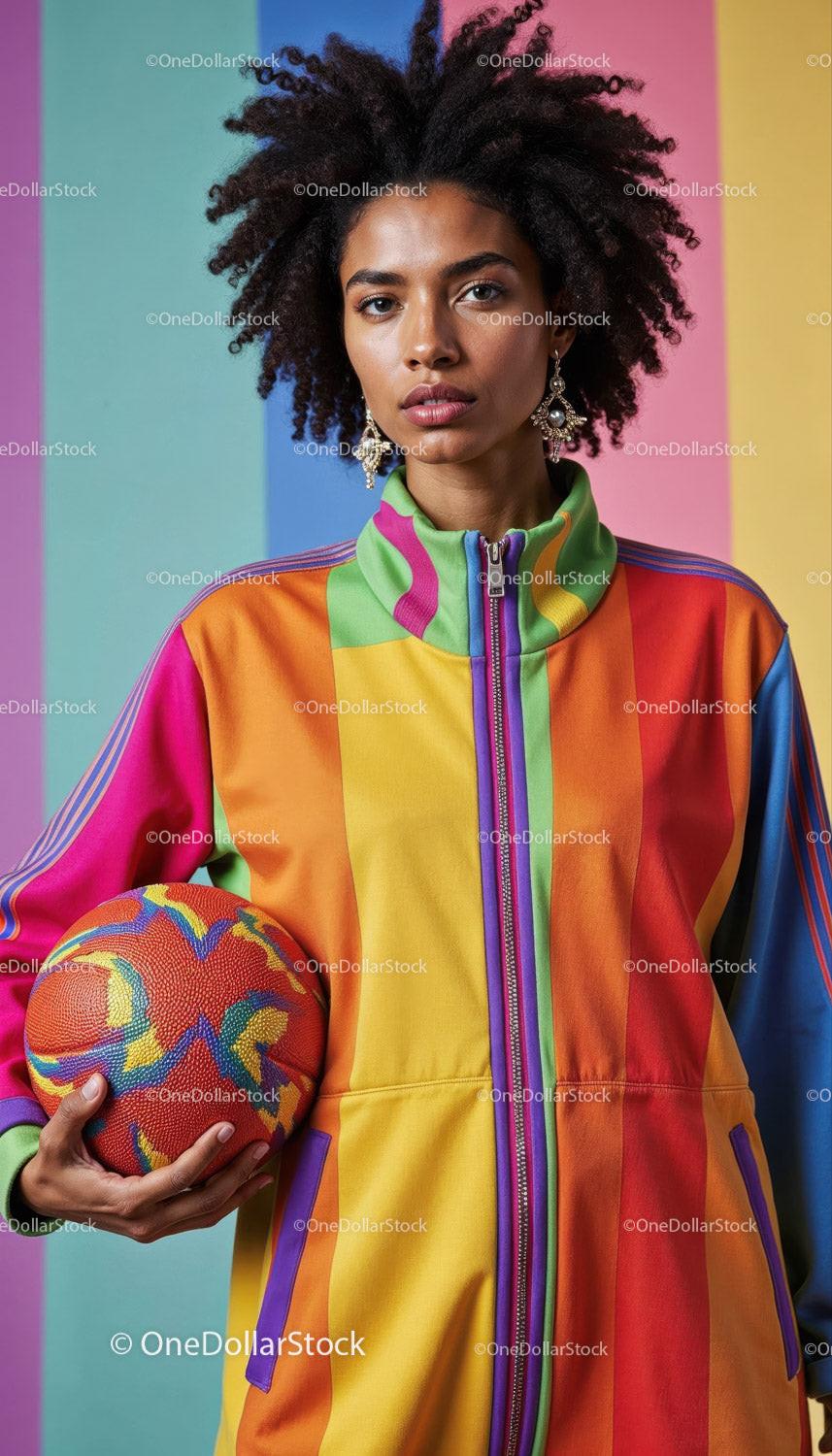 Stylish Woman in Colorful Sportswear Holding Basketball in Studio