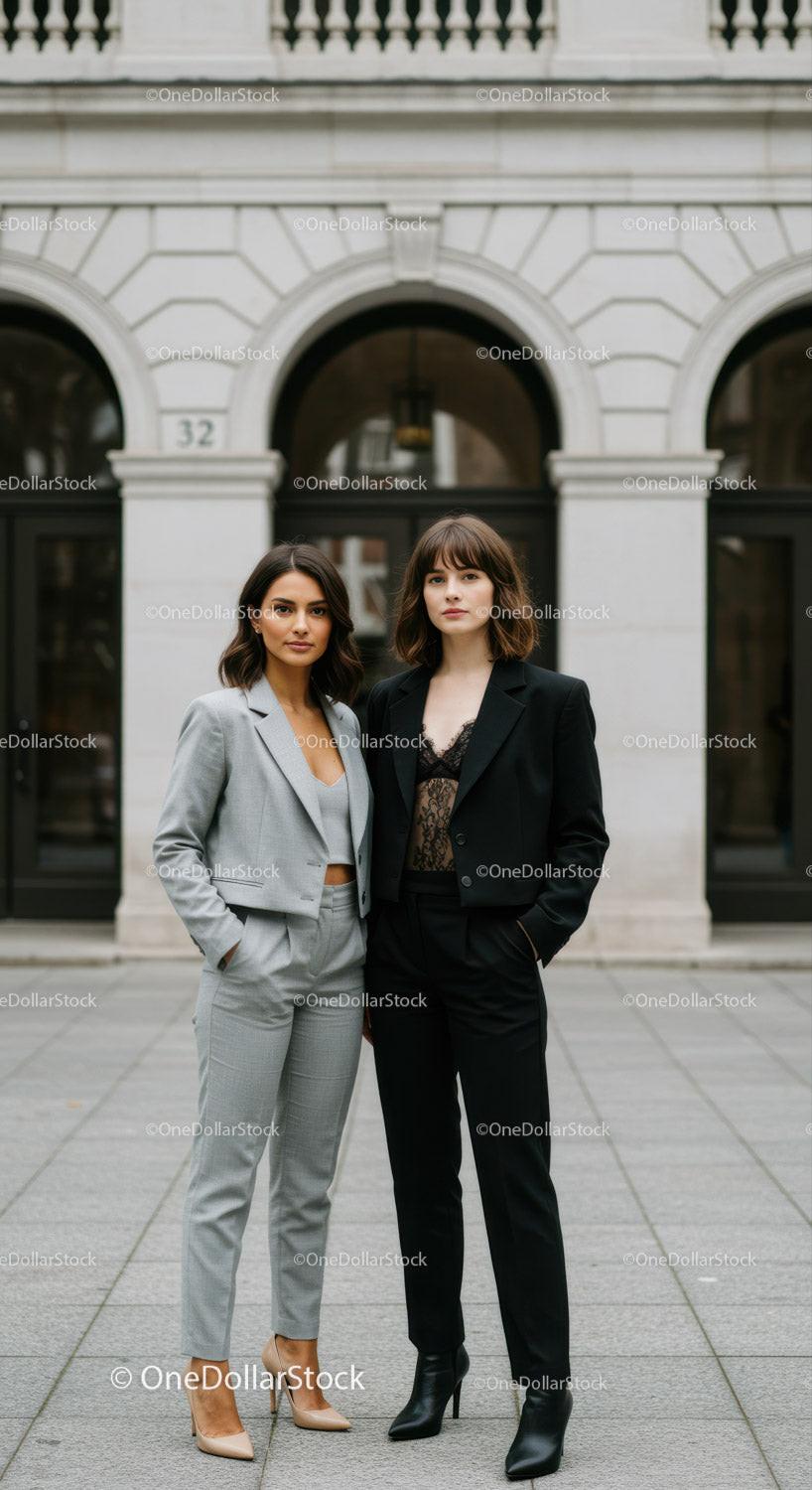 Two Stylish Women in Business Suits Standing on City Street