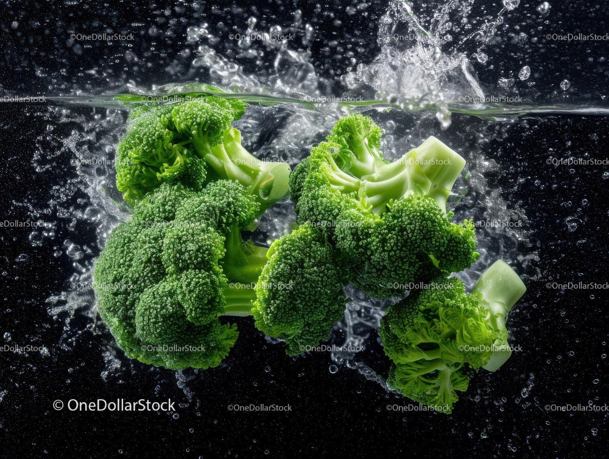Fresh Green Broccoli Florets with Water Splash in Food Photography