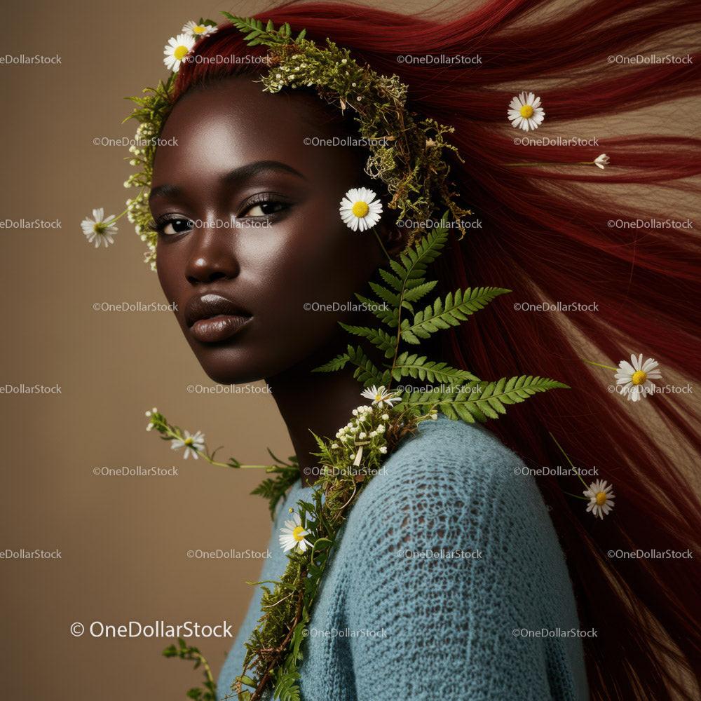 Elegant woman with flowing red hair and daisies in floral accessories