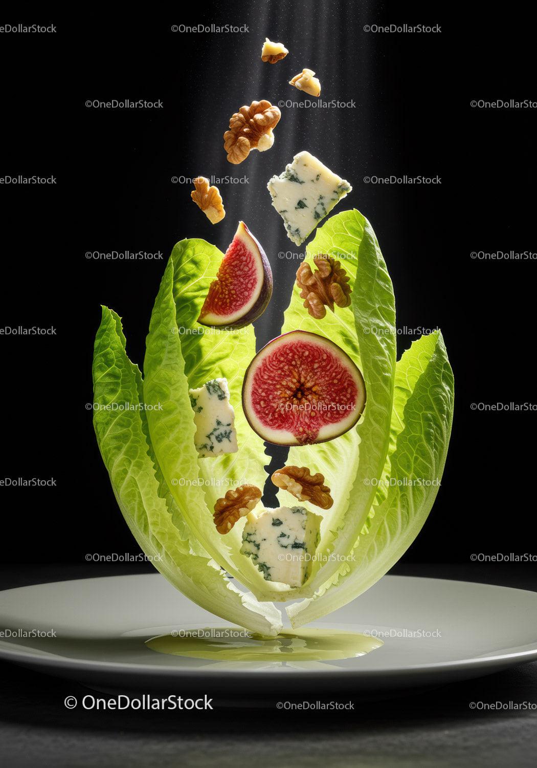 Fresh fig and blue cheese salad with walnuts on lettuce