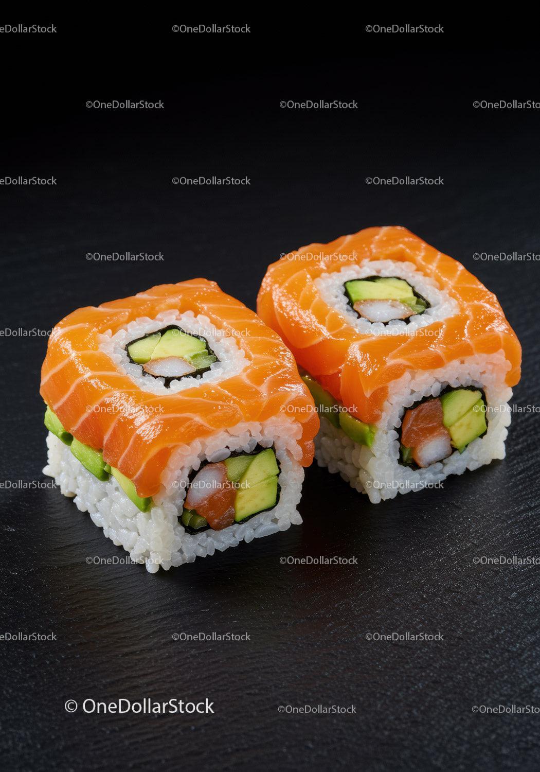 Fresh salmon avocado sushi rolls on black slate