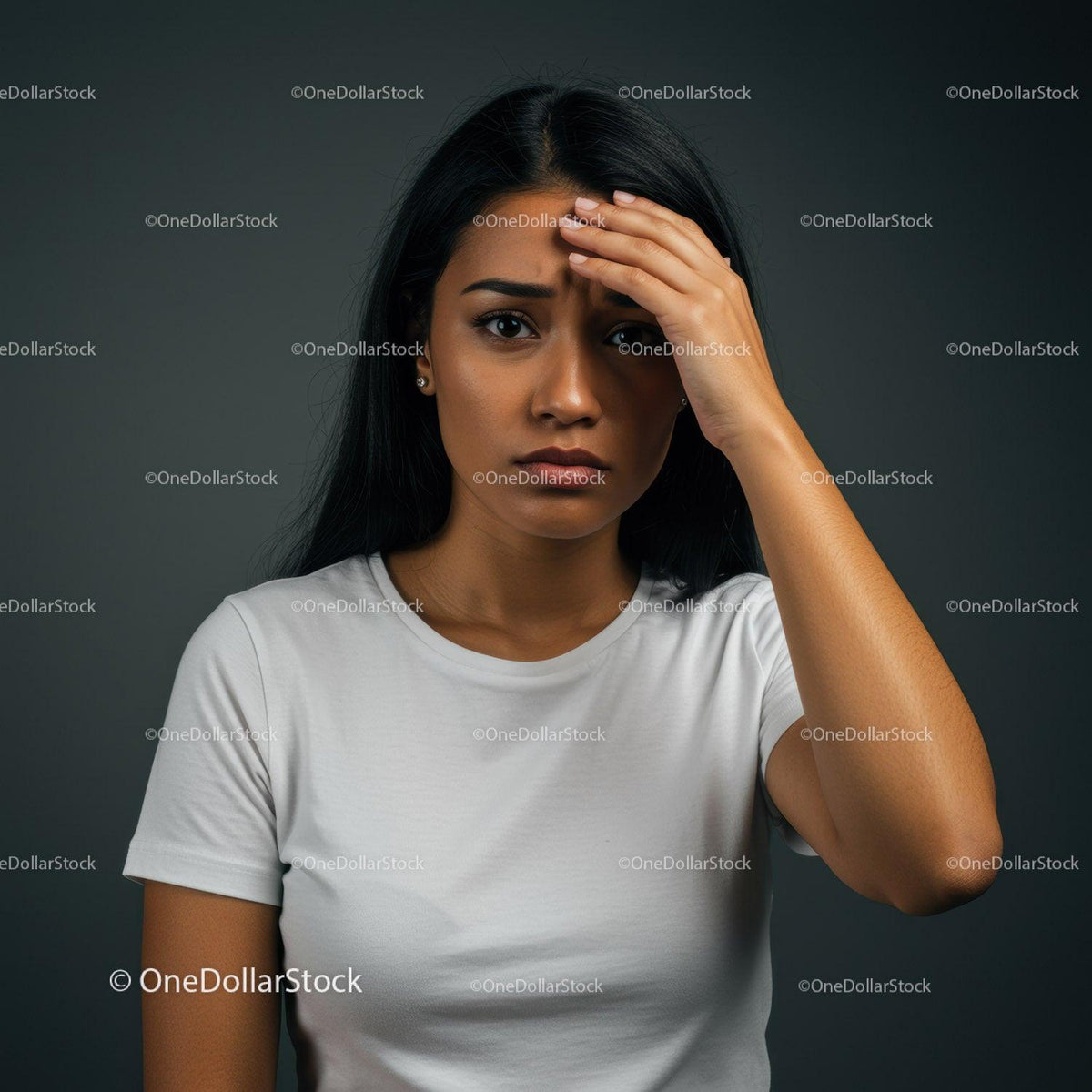 Concerned Woman with Stress Headache Expression in Indoor Setting
