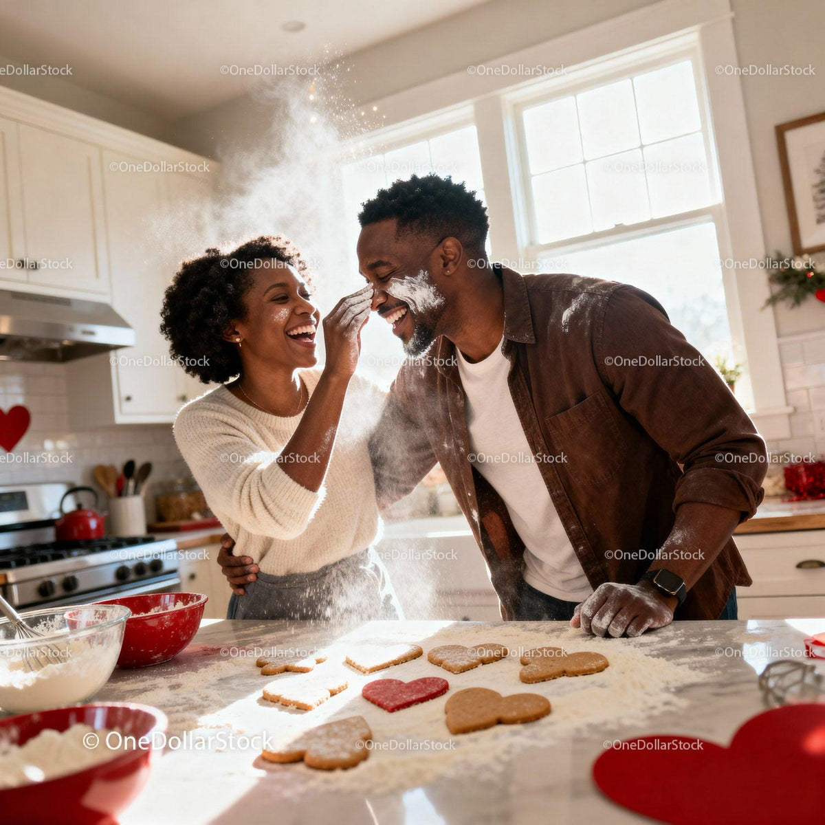 Couple Playfully Baking Heart Shaped Cookies Together