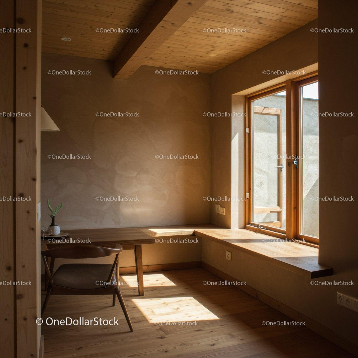 Sunny Minimalist Room with Wooden Furniture and Large Window