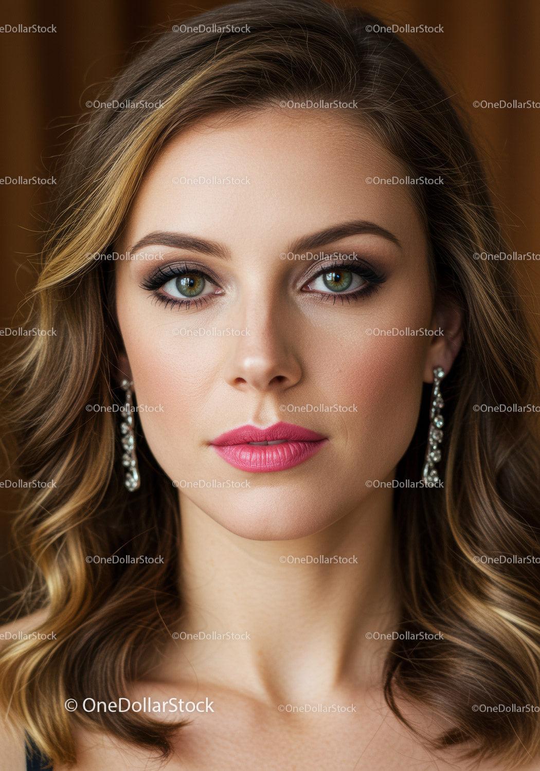 Close-up Portrait of a Beautiful Woman with Green Eyes and Pink Lips