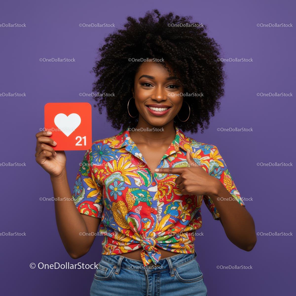 Vibrant Woman with Curly Hair Holding Heart Icon in Bright Casual Outfit