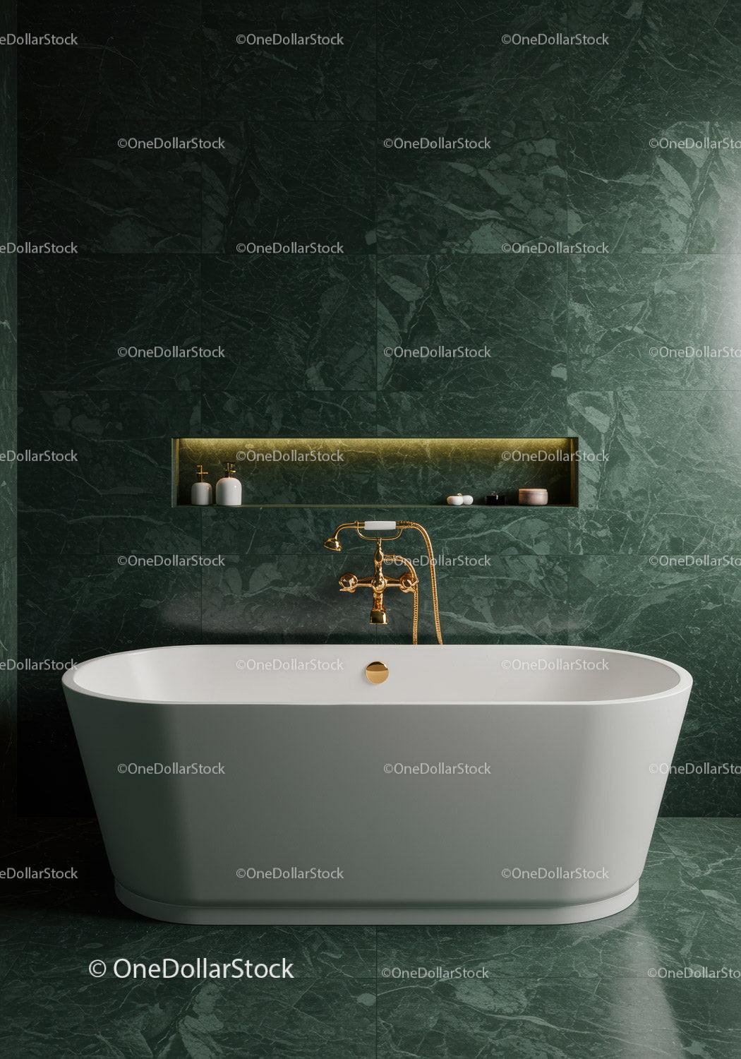 Elegant Green Marble Bathroom with Freestanding Bathtub and Gold Fixtures