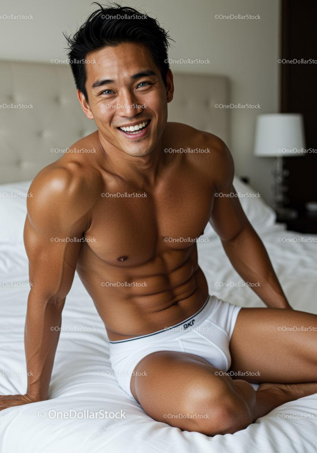 Smiling muscular man relaxing on bed in underwear