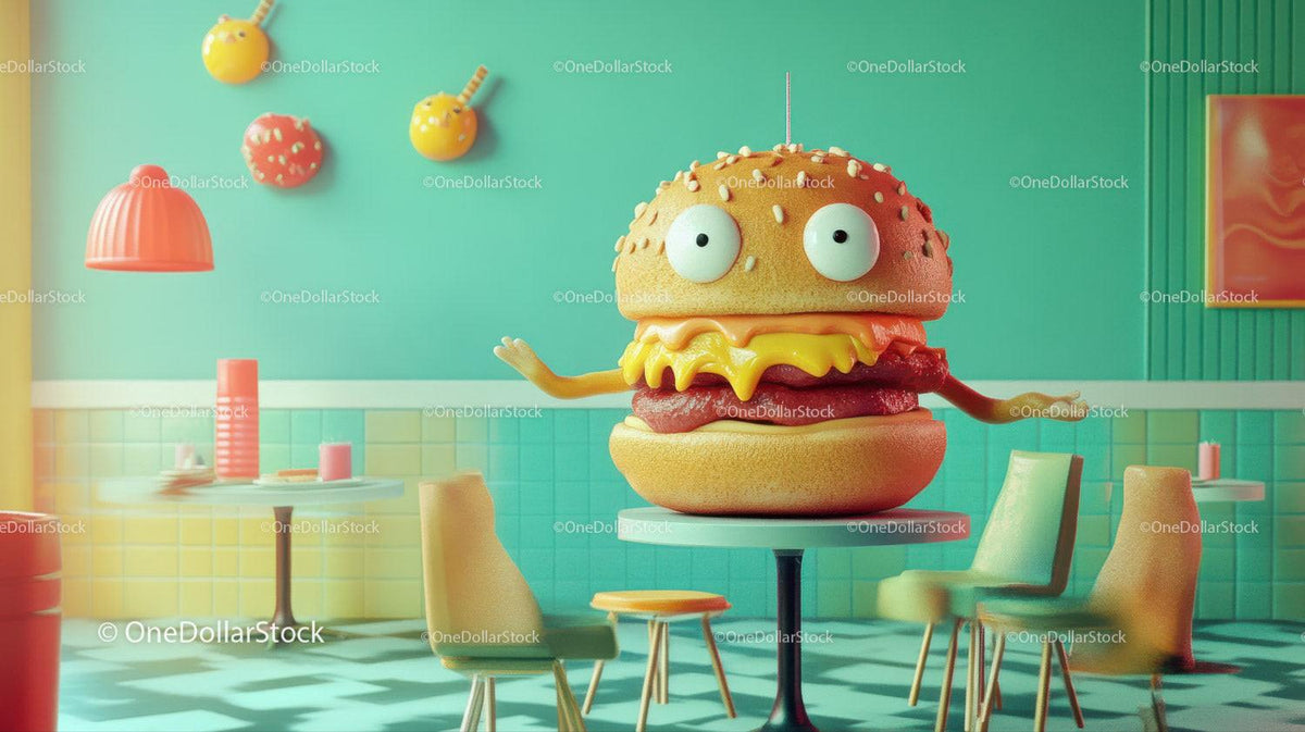 Cartoon cheeseburger character with eyes seated on a round table in a pastel-colored cafe with retro chairs