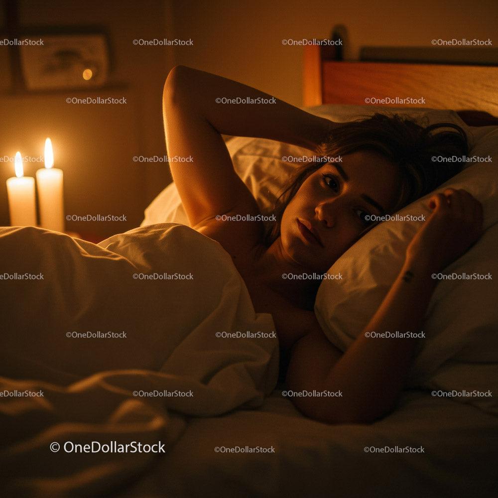stock photo bundle made with Woman Relaxing in Bed with Candles in a Cozy Atmosphere Stock Photo Bundle