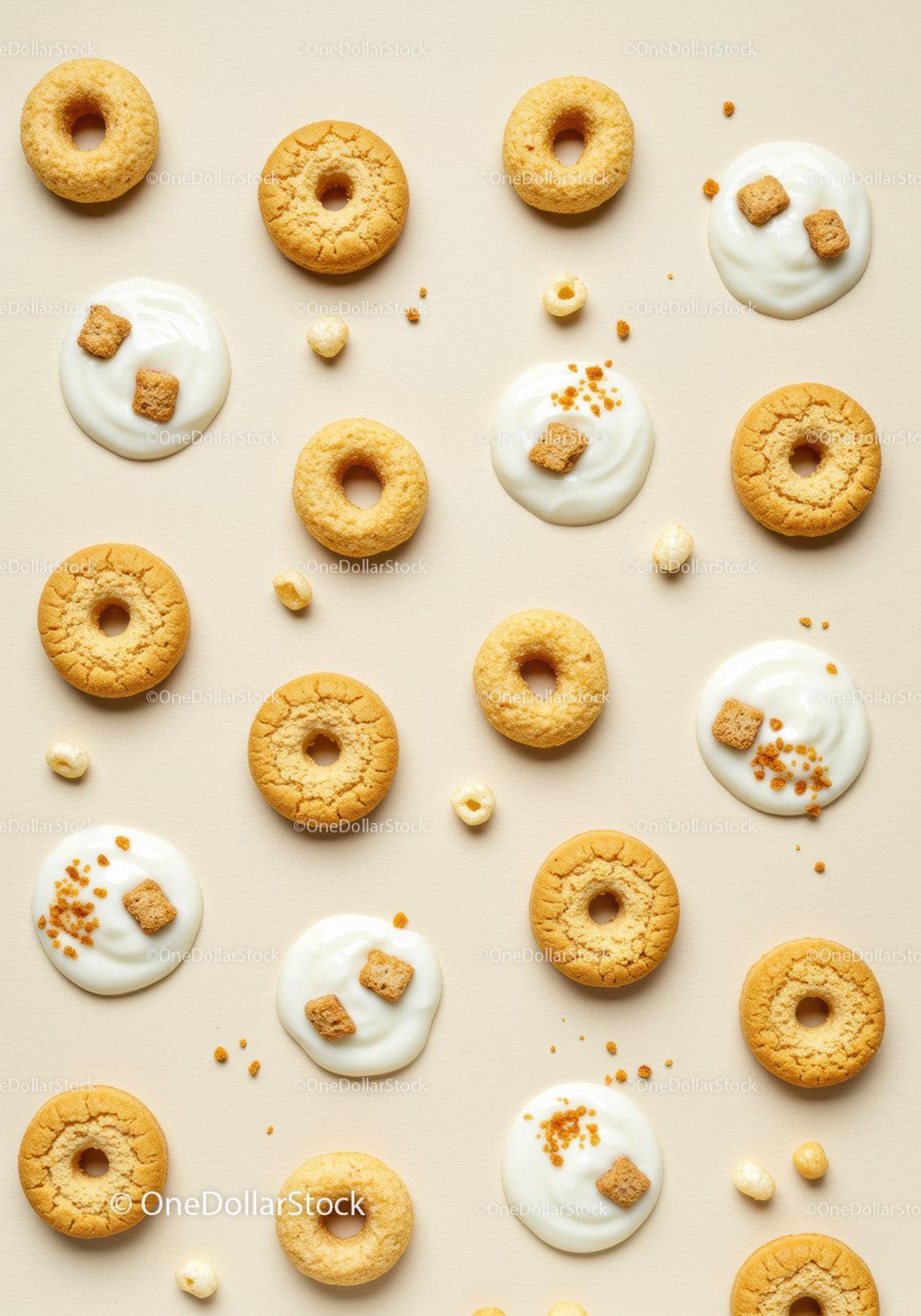 Assorted cookies and yogurt dollops on beige surface