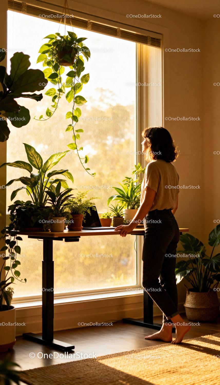 Woman enjoying morning light by lush indoor plants