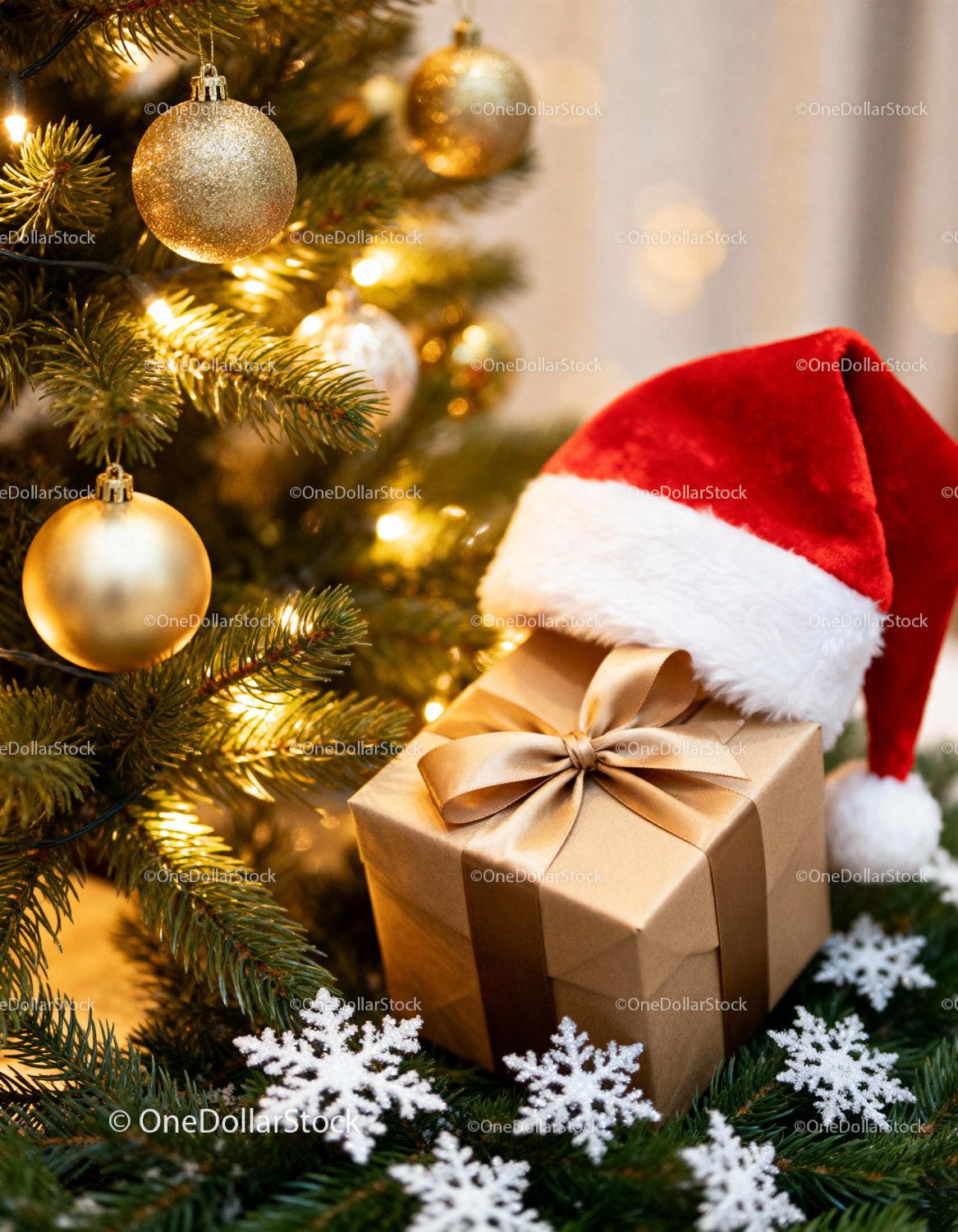 Golden Gift Box with Santa Hat by Festive Christmas Tree