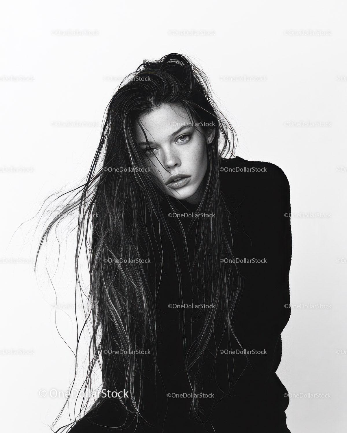 Black and White Portrait of a Woman with Wet Hair and Intense Gaze