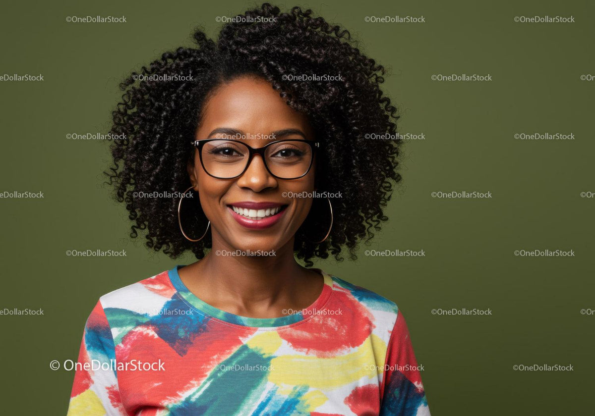 Portrait of a Smiling African American Woman with Curly Hair and Glasses