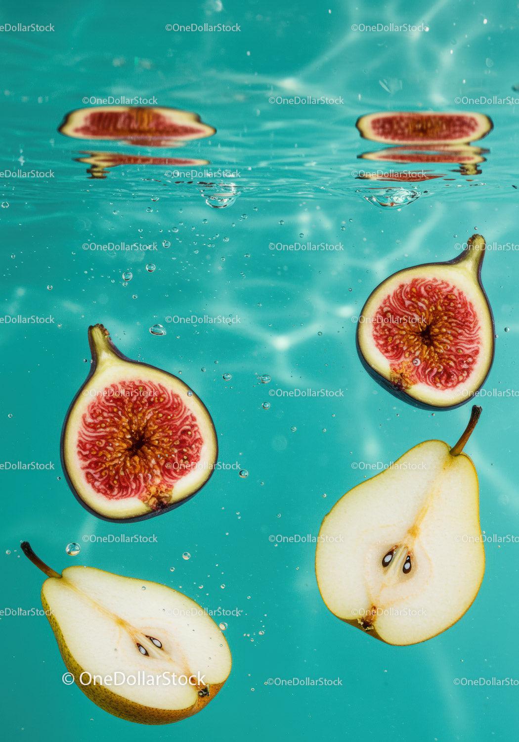 Fresh fig and pear slices floating in clear water
