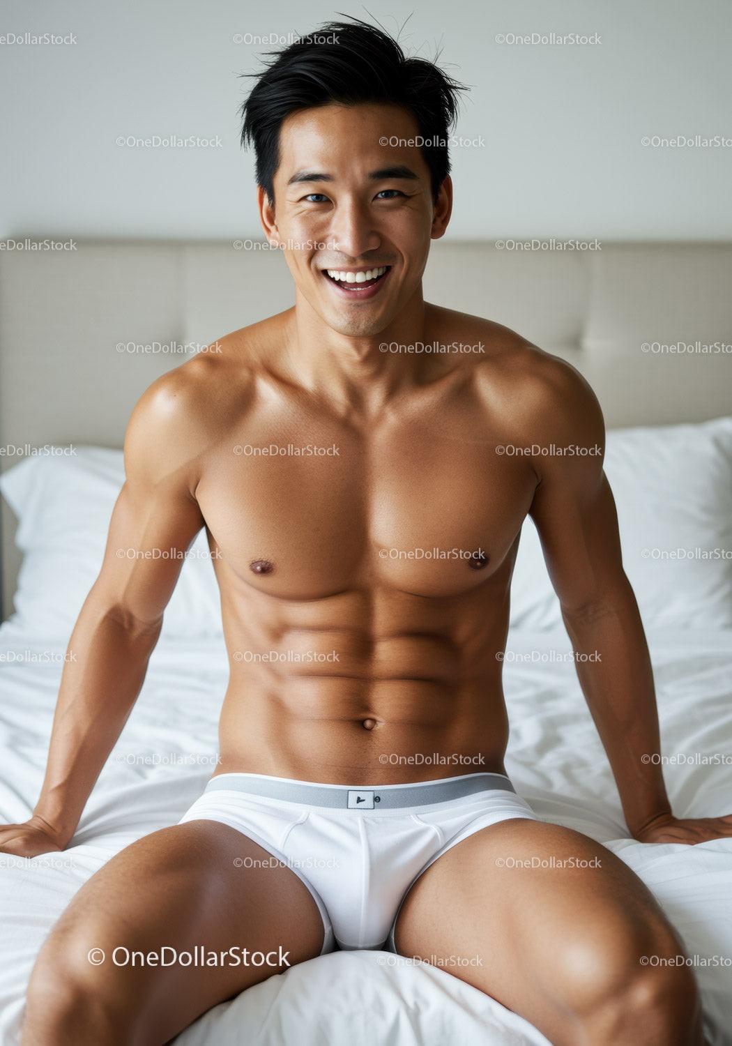 Smiling fit man sitting on bed in white underwear