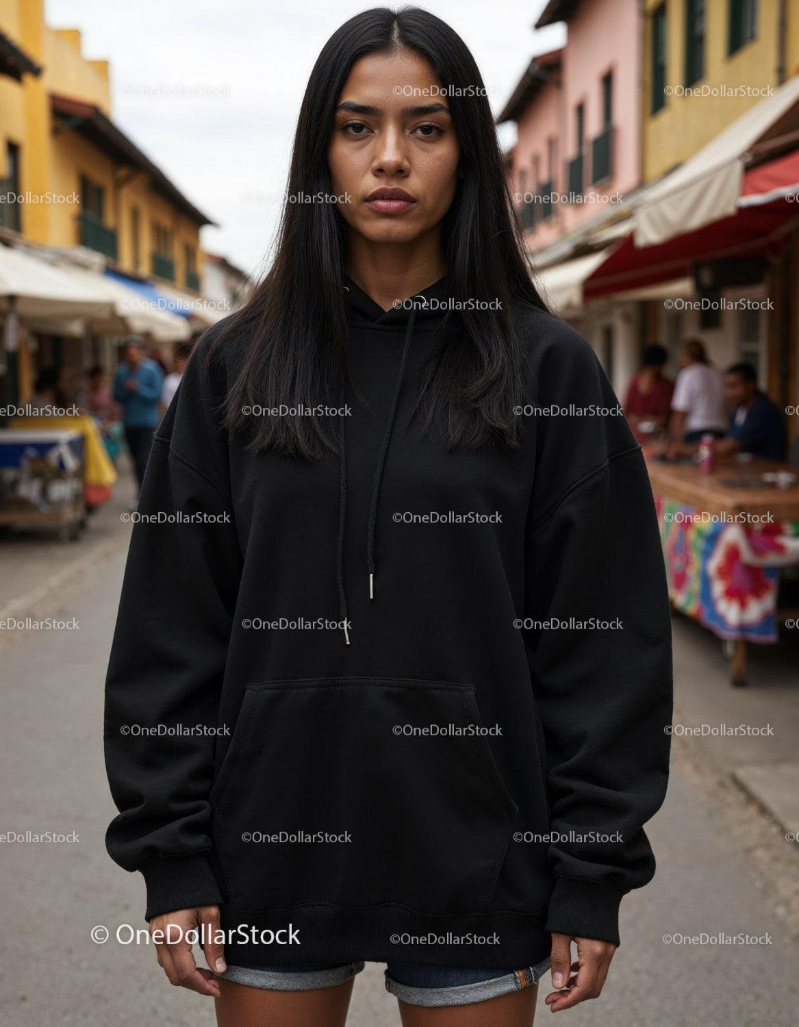 Fashionable Woman Wearing Black Hoodie in Urban City Street Stock Photo Bundle preview 12