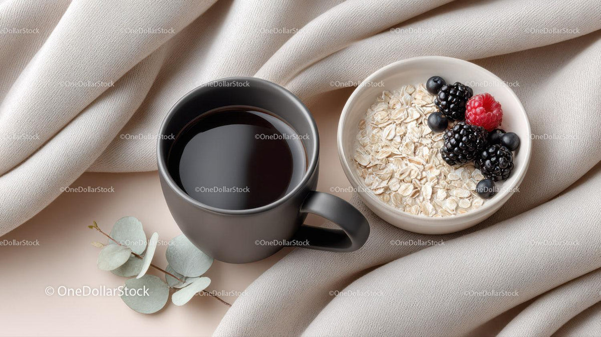 Coffee and Oatmeal with Berries on Cozy Fabric Background