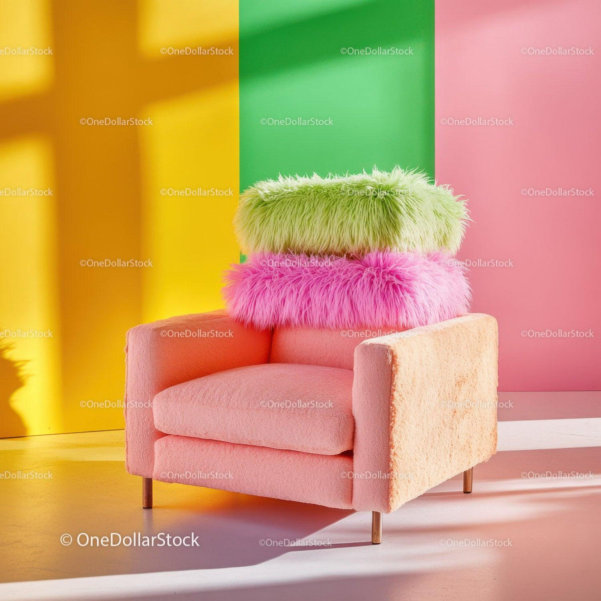 Bright Pink Armchair with Lime Green Cushion and Yellow Ottoman in Modern Living Room Stock Photo Bundle preview 11