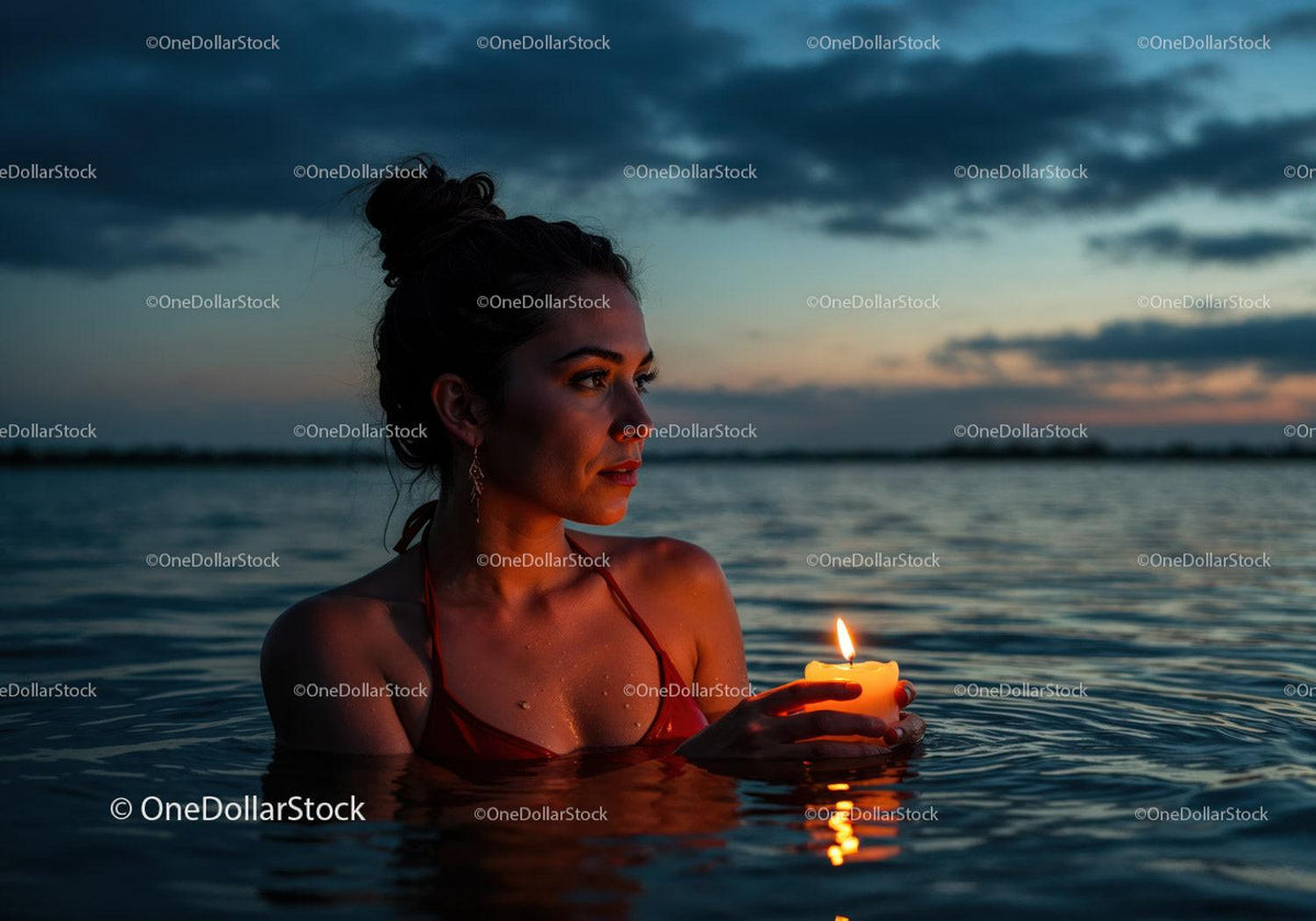 Woman in Black Bikini with Candles Floating in Lake at Sunset Stock Photo Bundle preview 11
