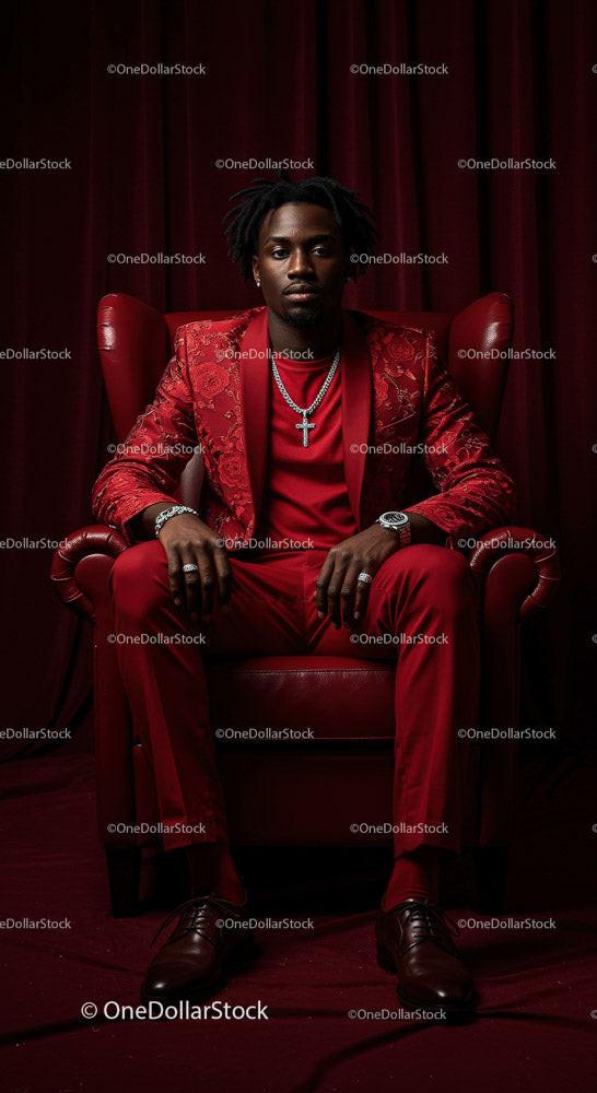 Confident Man in a Bold Red Suit Sitting Elegantly Stock Photo Bundle preview 9