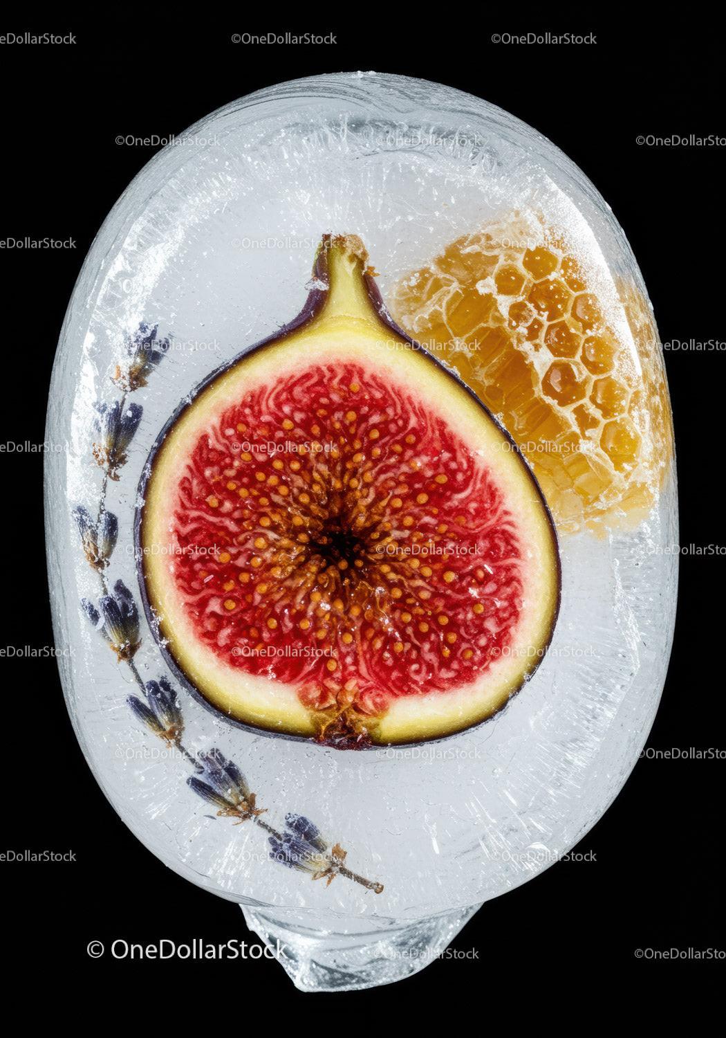 Frozen fig and honeycomb with lavender in ice block