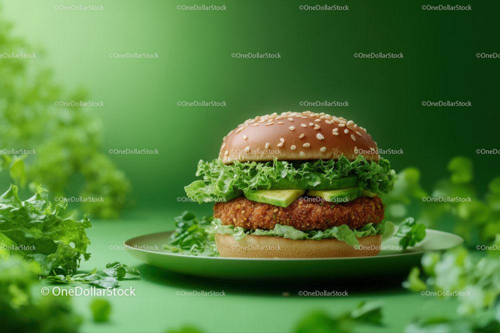 Juicy Fried Chicken Burger with Lettuce and Cucumber on Plate