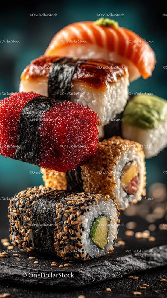 Colorful Sushi Platter with Salmon Tuna Eel and Vegetables Stock Photo Bundle creative preview 4