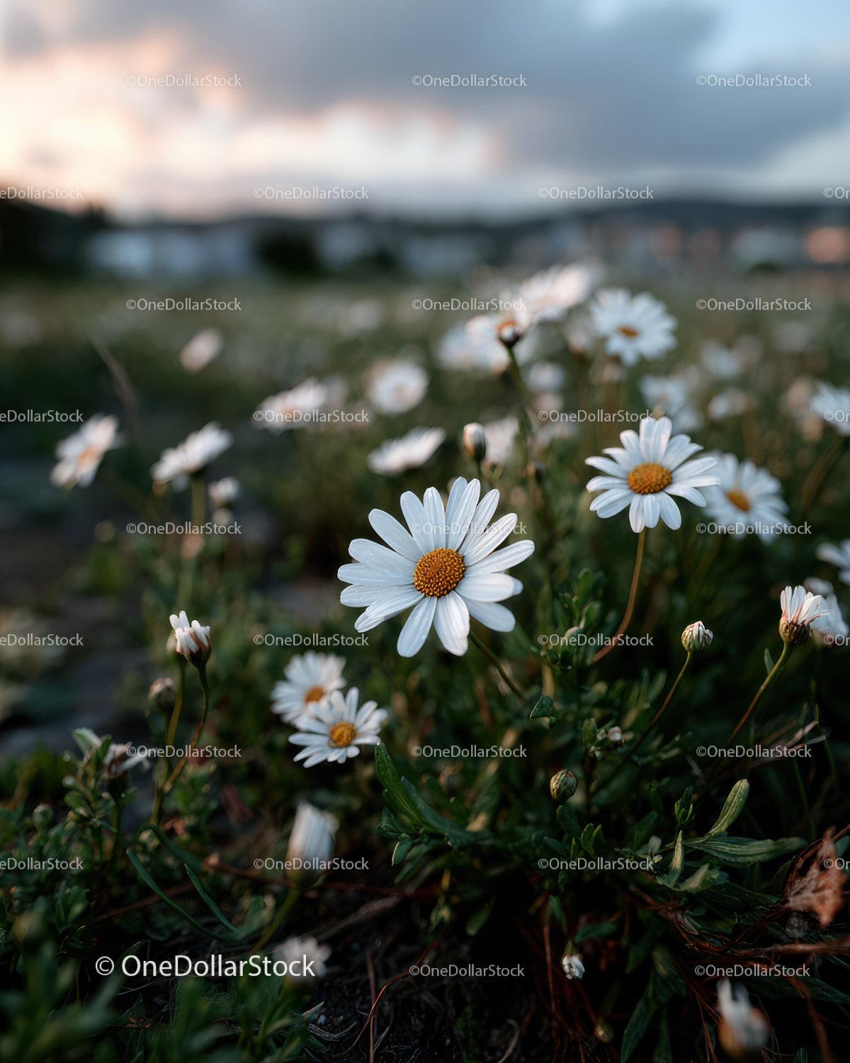 Wild Daisies Blooming in Meadow at Sunset Sky Stock Photo Bundle preview 9