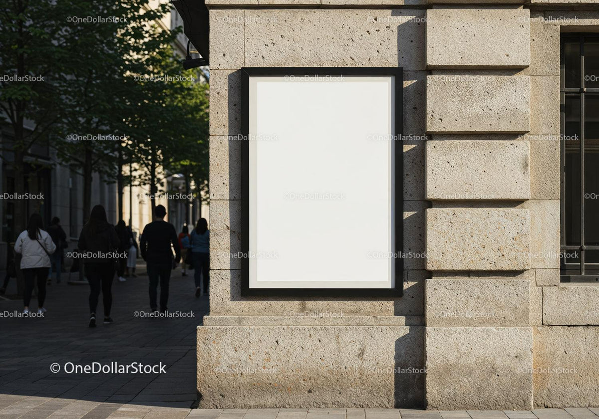 Blank poster on city stone wall with pedestrians walking JPG Mockup Image preview