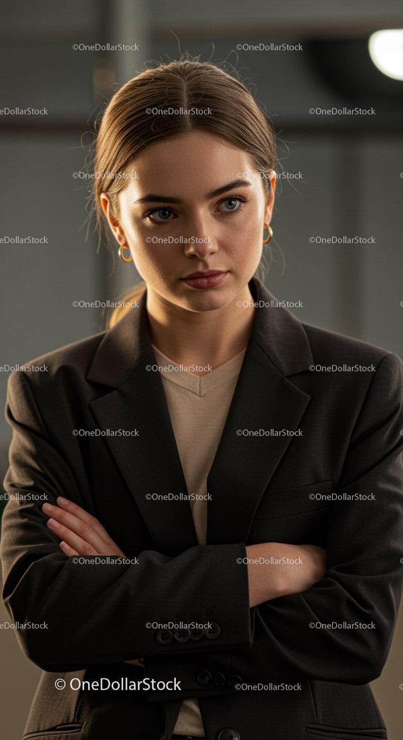 Young professional woman in black blazer with crossed arms