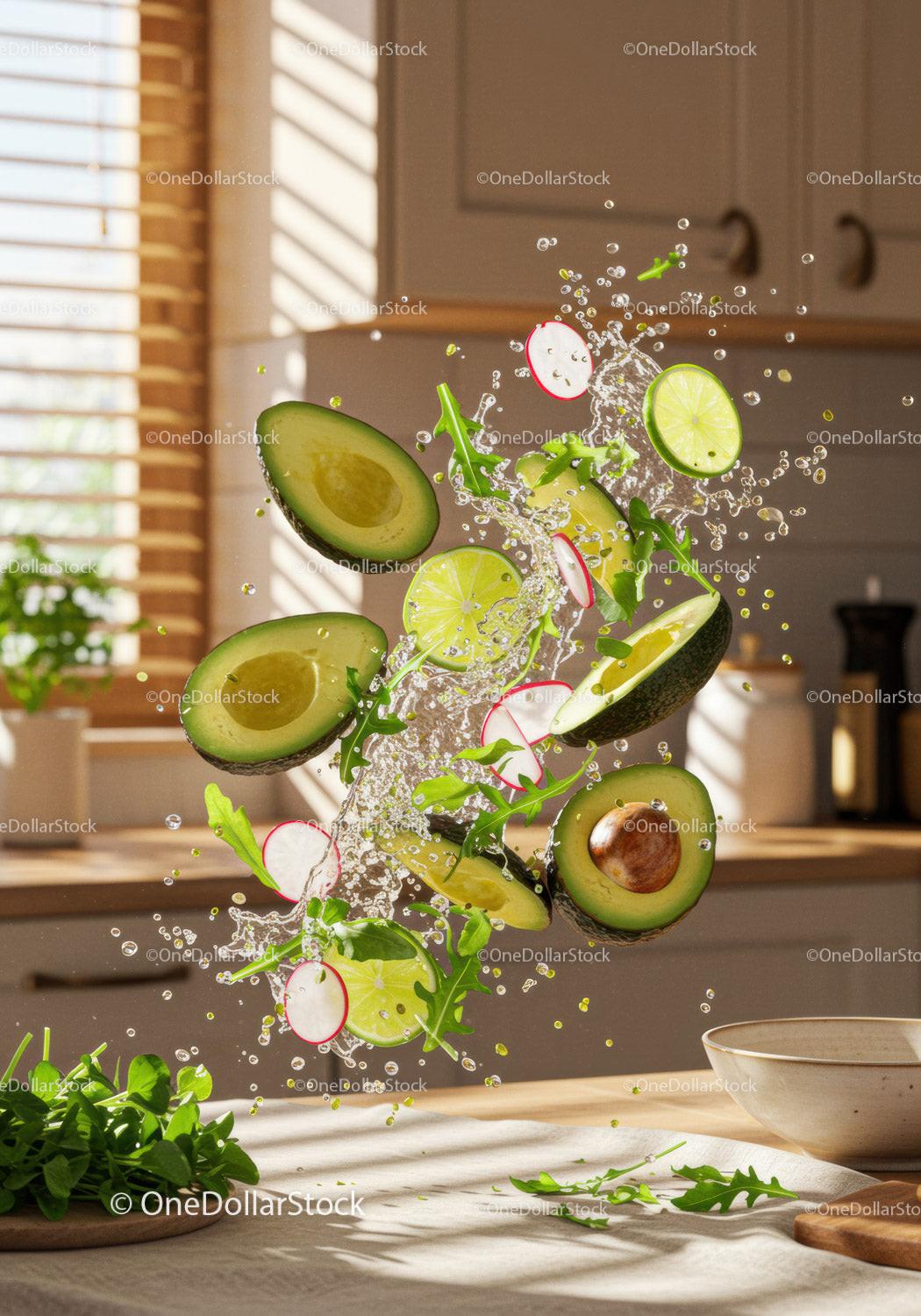Fresh avocado and lime slices splashing with water