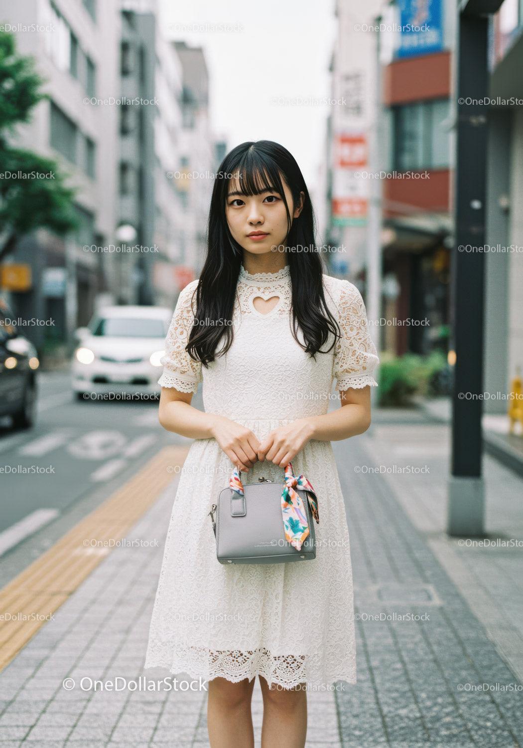 Young Woman in White Lace Dress Standing on City Street